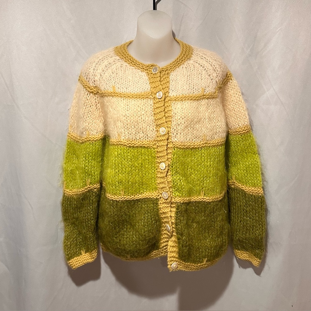 60s Green Yellow Stripe Wool Mohair Cardigan Sweater Italy Size Small